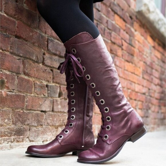 John Fluevog Sz 8 Biblio Hayden Flat Leather Lace-Up Knee-High Boots Burgundy - Picture 1 of 14